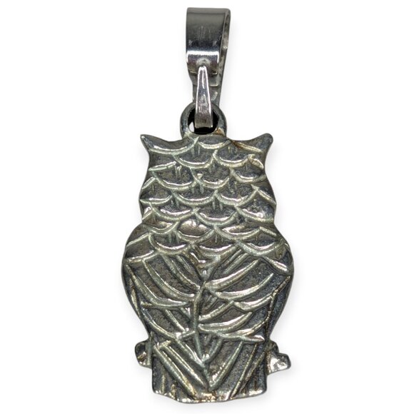 Intricate Silver Tone Owl Pendant 1.75" x .75" - Picture 2 of 4